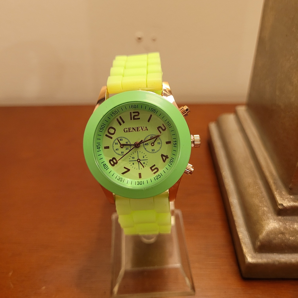 Brand New Neon Green & Rose Gold Geneva Women's Silicone Watch